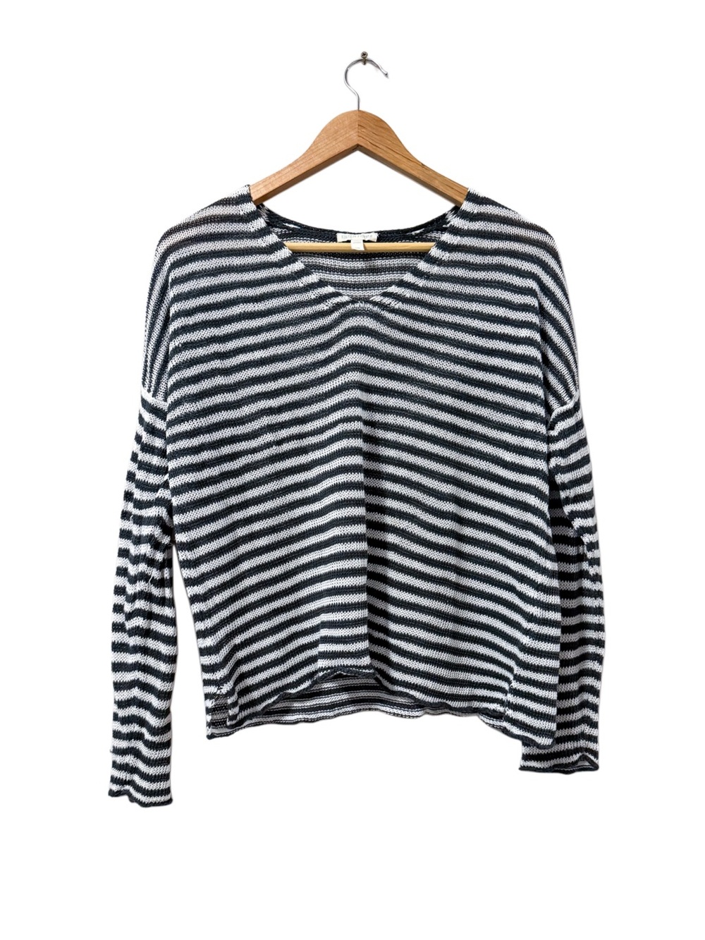 Eileen Fisher Women's Black White Striped Linen Loose Knit V-Neck Sweater